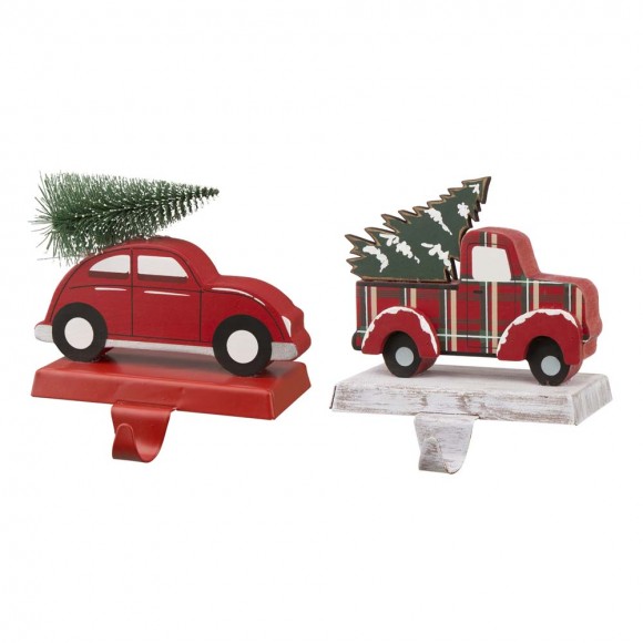 glitzhome Glitzhome Wooden/Metal Red Car & Truck Stocking Holder Set of 2