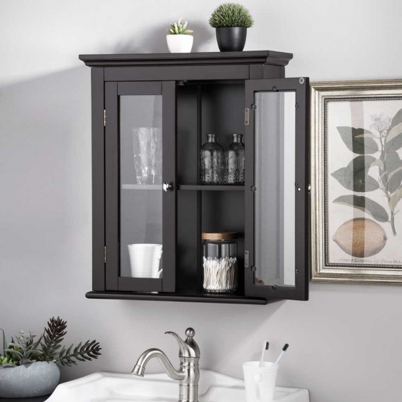 Glitzhome Glitzhome Wooden Wall Mounted Storage Cabinet With Glass Double Doors Espresso