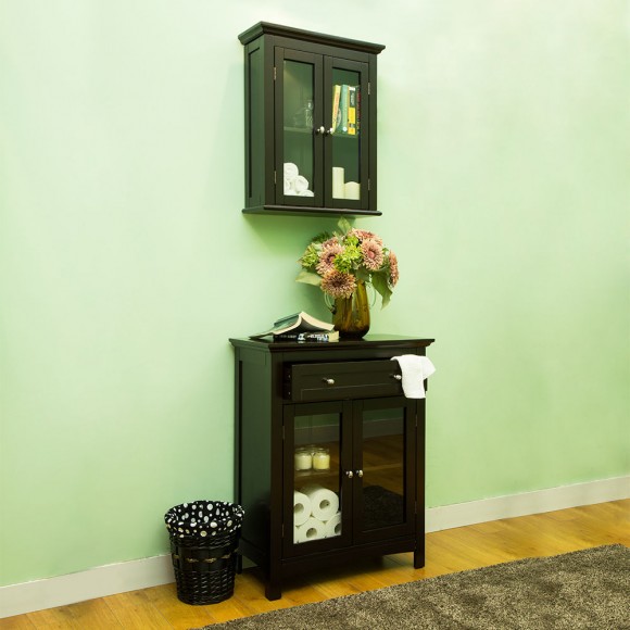 Glitzhome Glitzhome Wooden Wall Mounted Storage Cabinet With Glass Double Doors Espresso
