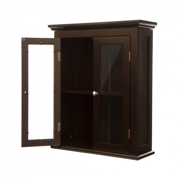 Glitzhome Glitzhome Wooden Wall Mounted Storage Cabinet With Glass Double Doors Espresso
