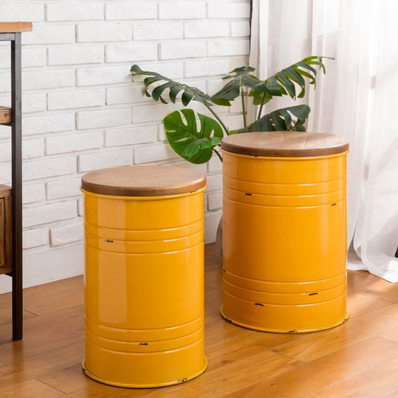 Glitzhome Glitzhome Yellow Modern Metal Storage Accent Table Or Stool With Solid Wood Lid Set Of 2