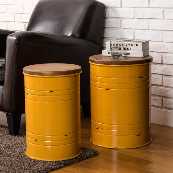 Glitzhome Glitzhome Yellow Modern Metal Storage Accent Table Or Stool With Solid Wood Lid Set Of 2