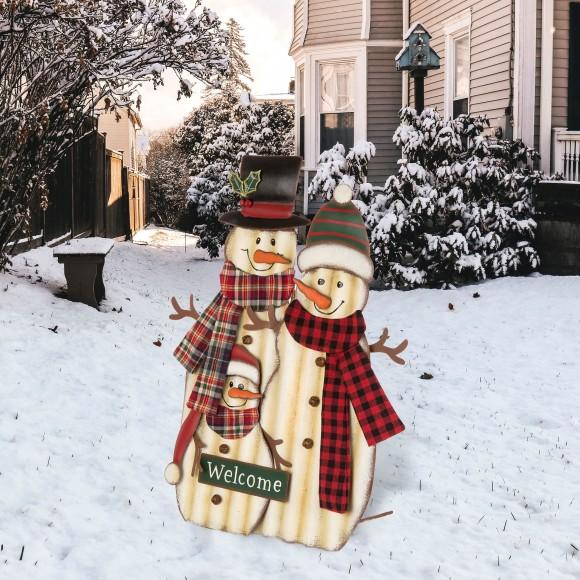 Glitzhome Glizhome 29.92"H Metal Snowman Family Yard Stake Or Wall Decor With Plaid Scarfs
