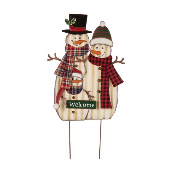 glitzhome Glizhome 29.92"H Metal Snowman Family Yard Stake or Wall Decor with Plaid Scarfs