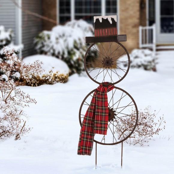 Glitzhome Glizhome 36"H Rusty Metal Bike Wheel Snowman Yard Stake Or Wall Decor With Plaid Scarf