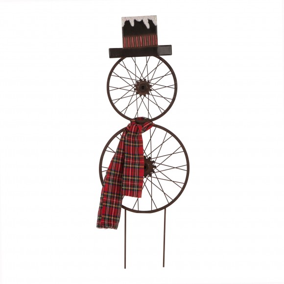 glitzhome Glizhome 36"H Rusty Metal Bike Wheel Snowman Yard Stake or Wall Decor with Plaid Scarf