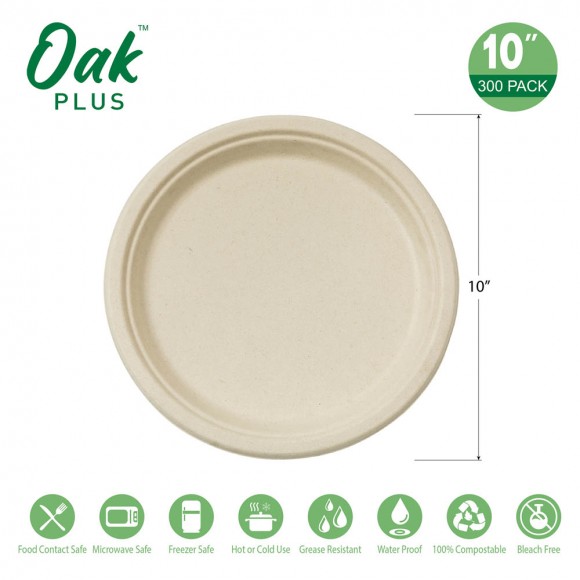 Glitzhome Oak PLUS 10 Inch Natural Compostable & Disposable Sugarcane Plates 300 Pack
