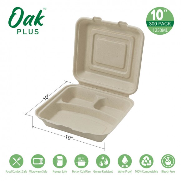 Glitzhome Oak PLUS 10 Inch Natural Compostable & Disposable Sugarcane Sectional Clamshell Containers 300 Pack