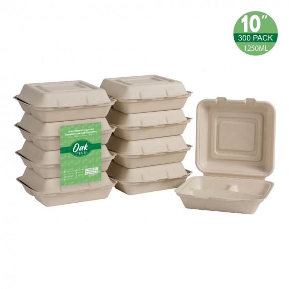 glitzhome Oak PLUS 10 inch Natural Compostable & Disposable Sugarcane Sectional Clamshell Containers 300 Pack