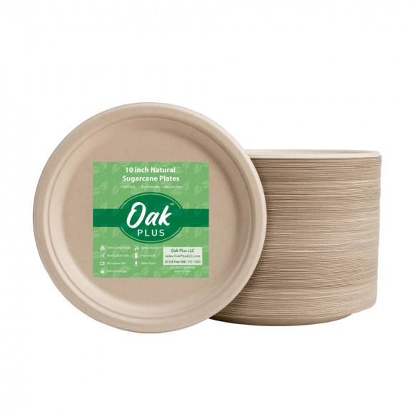 glitzhome Oak PLUS 10 inch Natural Compostable & Disposable Sugarcane Plates 300 Pack