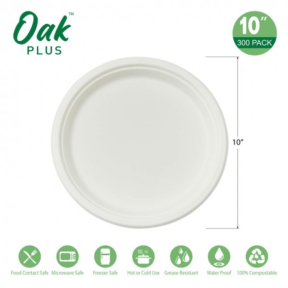 Glitzhome Oak PLUS 10 Inch White Compostable & Disposable Sugarcane Plates 300 Pack