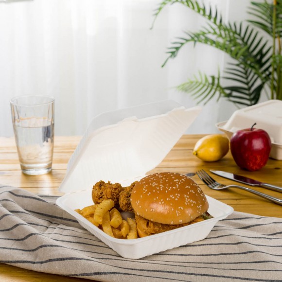 Glitzhome Oak PLUS 10 Inch White Compostable & Disposable Sugarcane Sectional Clamshell Containers 300 Pack