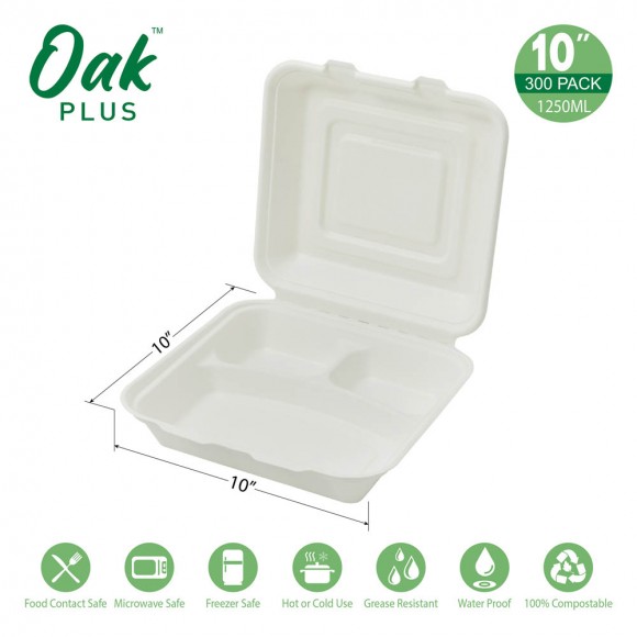 Glitzhome Oak PLUS 10 Inch White Compostable & Disposable Sugarcane Sectional Clamshell Containers 300 Pack