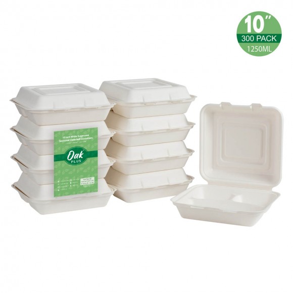 glitzhome Oak PLUS 10 inch White Compostable & Disposable Sugarcane Sectional Clamshell Containers 300 Pack