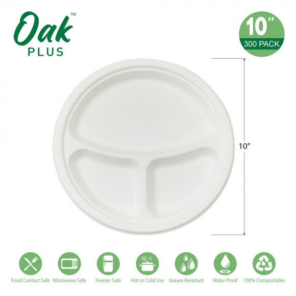 Glitzhome Oak PLUS 10 Inch White Compostable & Disposable Sugarcane Sectional Plates 300 Pack