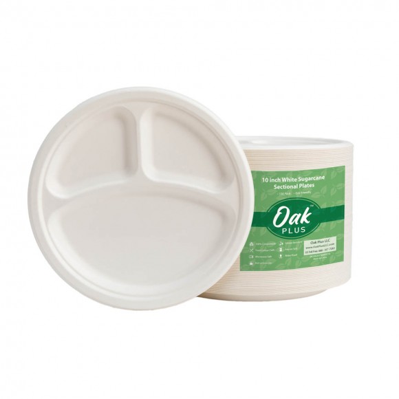 glitzhome Oak PLUS 10 inch White Compostable & Disposable Sugarcane Sectional Plates 300 Pack
