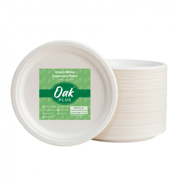 glitzhome Oak PLUS 10 inch White Compostable & Disposable Sugarcane Plates 300 Pack