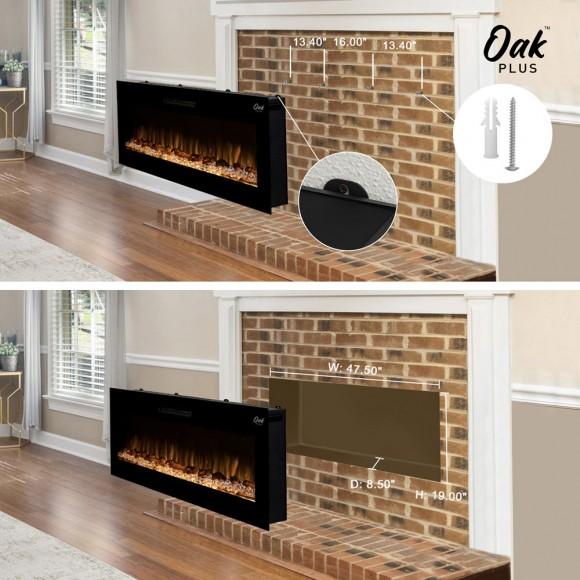 Glitzhome Oak PLUS 50"L Wall Mounted Or Recessed Electric Fireplace With 9 Color Flames Faux Log & Crystal Decorated