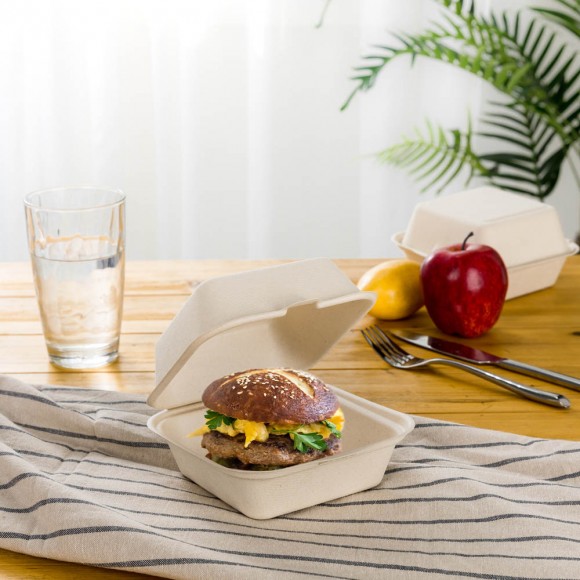 Glitzhome Oak PLUS 6 Inch Natural Compostable & Disposable Sugarcane Clamshell Containers 300 Pack