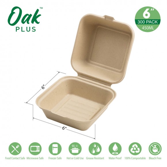 Glitzhome Oak PLUS 6 Inch Natural Compostable & Disposable Sugarcane Clamshell Containers 300 Pack