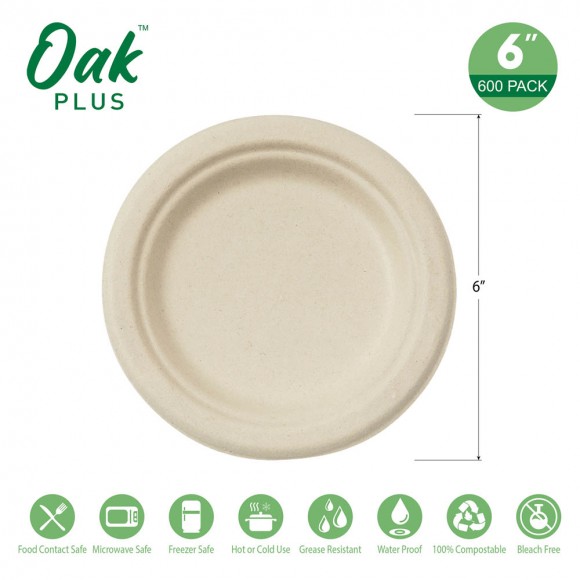 Glitzhome Oak PLUS 6 Inch Natural Compostable & Disposable Sugarcane Plates 600 Pack