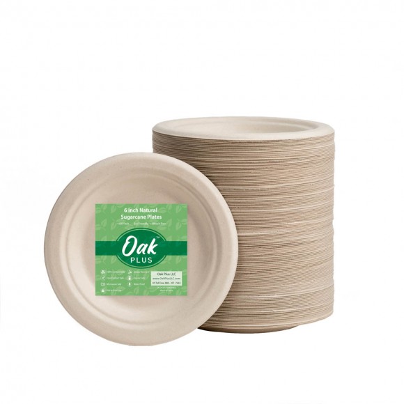 glitzhome Oak PLUS 6 inch Natural Compostable & Disposable Sugarcane Plates 600 Pack