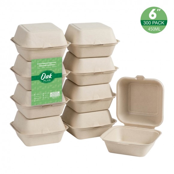 glitzhome Oak PLUS 6 inch Natural Compostable & Disposable Sugarcane Clamshell Containers 300 Pack