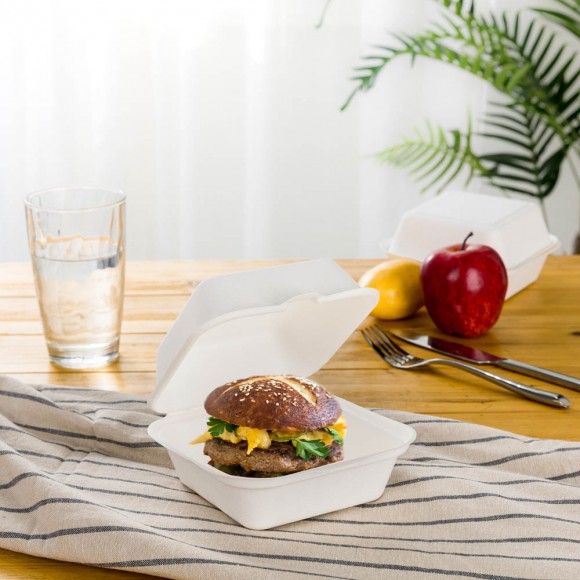 Glitzhome Oak PLUS 6 Inch White Compostable & Disposable Sugarcane Clamshell Containers 300 Pack