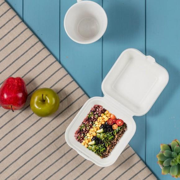 Glitzhome Oak PLUS 6 Inch White Compostable & Disposable Sugarcane Clamshell Containers 300 Pack