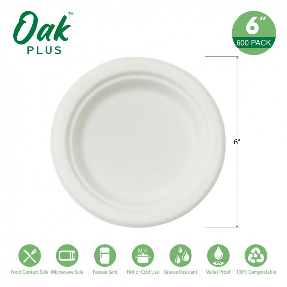 Glitzhome Oak PLUS 6 Inch White Compostable & Disposable Sugarcane Plates 600 Pack