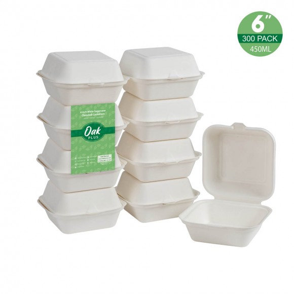 glitzhome Oak PLUS 6 inch White Compostable & Disposable Sugarcane Clamshell Containers 300 Pack