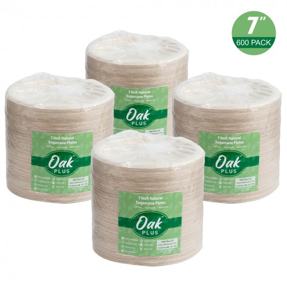 Glitzhome Oak PLUS 7 Inch Natural Compostable & Disposable Sugarcane Plates 600 Pack
