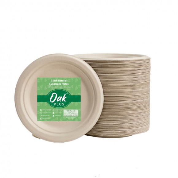 glitzhome Oak PLUS 7 inch Natural Compostable & Disposable Sugarcane Plates 600 Pack
