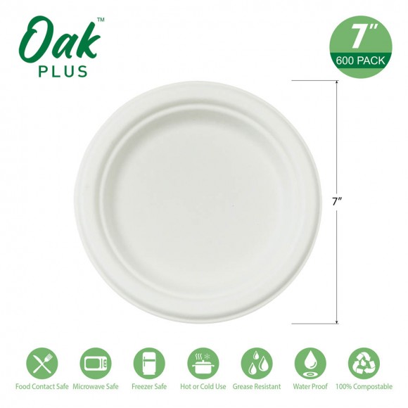 Glitzhome Oak PLUS 7 Inch White Compostable & Disposable Sugarcane Plates 600 Pack