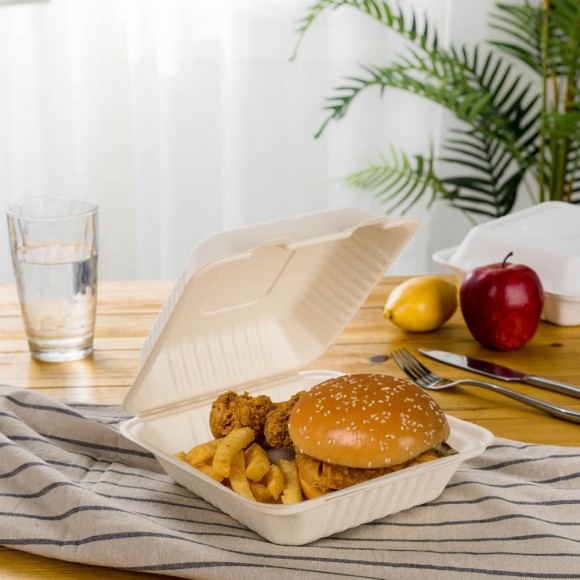 Glitzhome Oak PLUS 8 Inch Natural Compostable & Disposable Sugarcane Clamshell Containers 300 Pack