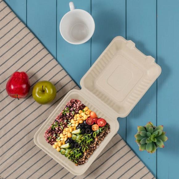 Glitzhome Oak PLUS 8 Inch Natural Compostable & Disposable Sugarcane Clamshell Containers 300 Pack