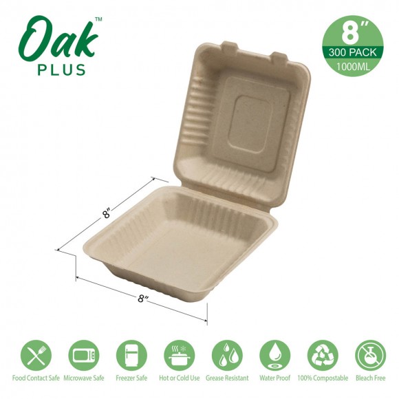 Glitzhome Oak PLUS 8 Inch Natural Compostable & Disposable Sugarcane Clamshell Containers 300 Pack