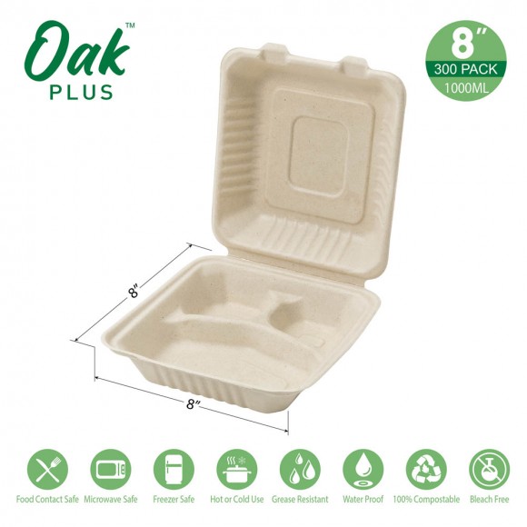 Glitzhome Oak PLUS 8 Inch Natural Compostable & Disposable Sugarcane Sectional Clamshell Containers 300 Pack
