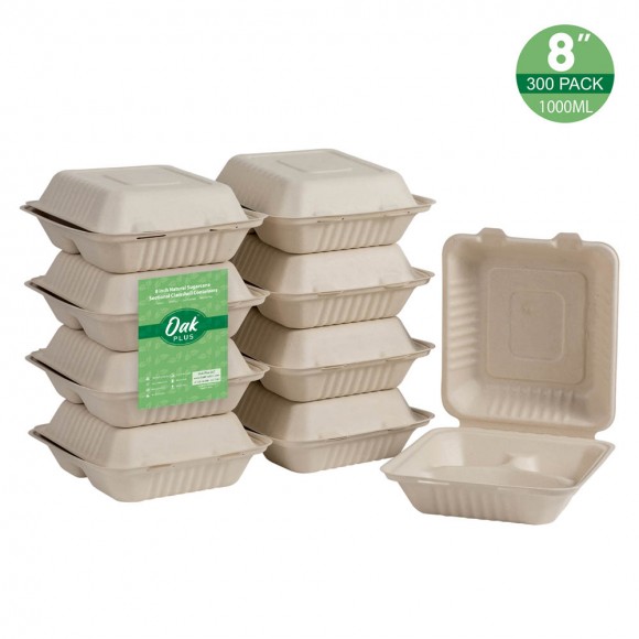glitzhome Oak PLUS 8 inch Natural Compostable & Disposable Sugarcane Sectional Clamshell Containers 300 Pack