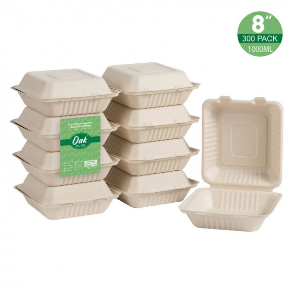 glitzhome Oak PLUS 8 inch Natural Compostable & Disposable Sugarcane Clamshell Containers 300 Pack