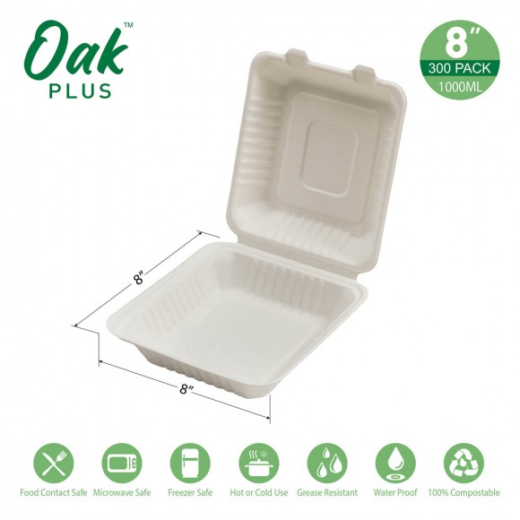 Glitzhome Oak PLUS 8 Inch White Compostable & Disposable Sugarcane Clamshell Containers 300 Pack