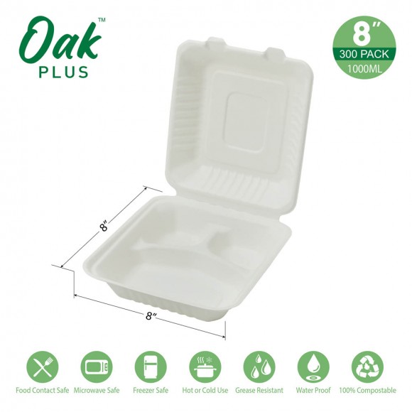 Glitzhome Oak PLUS 8 Inch White Compostable & Disposable Sugarcane Sectional Clamshell Containers 300 Pack