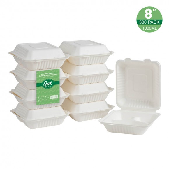 glitzhome Oak PLUS 8 inch White Compostable & Disposable Sugarcane Sectional Clamshell Containers 300 Pack