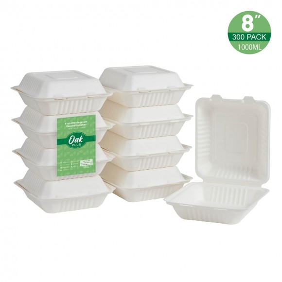 glitzhome Oak PLUS 8 inch White Compostable & Disposable Sugarcane Clamshell Containers 300 Pack