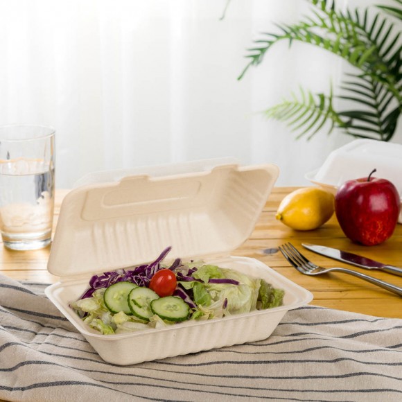 Glitzhome Oak PLUS 9 Inch Natural Compostable & Disposable Sugarcane Clamshell Containers 300 Pack