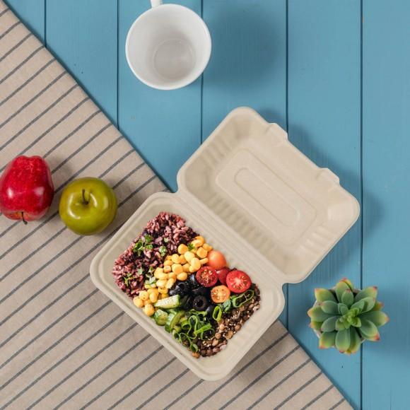 Glitzhome Oak PLUS 9 Inch Natural Compostable & Disposable Sugarcane Clamshell Containers 300 Pack