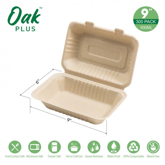 Glitzhome Oak PLUS 9 Inch Natural Compostable & Disposable Sugarcane Clamshell Containers 300 Pack