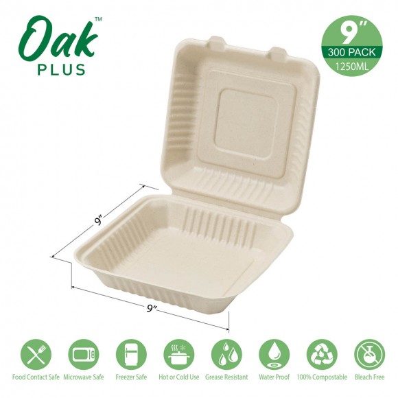 Glitzhome Oak PLUS 9 Inch Natural Compostable & Disposable Sugarcane Clamshell Containers 300 Pack