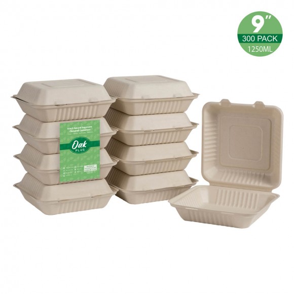 glitzhome Oak PLUS 9 inch Natural Compostable & Disposable Sugarcane Clamshell Containers 300 Pack