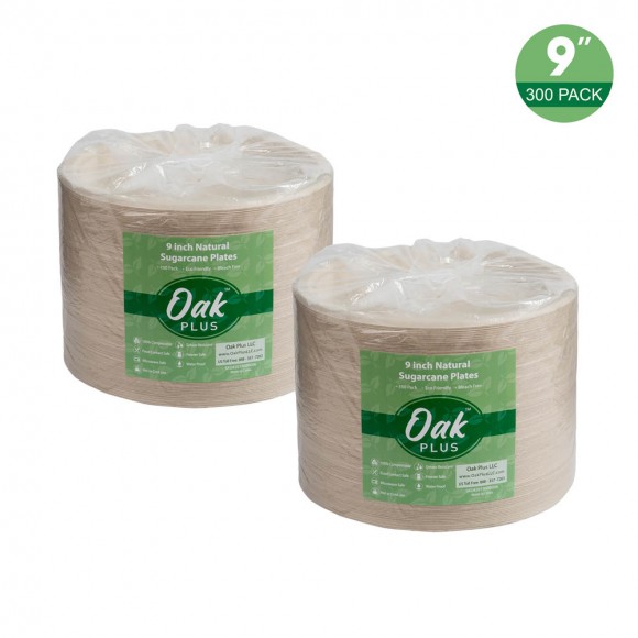 Glitzhome Oak PLUS 9 Inch Natural Compostable & Disposable Sugarcane Plates 300 Pack